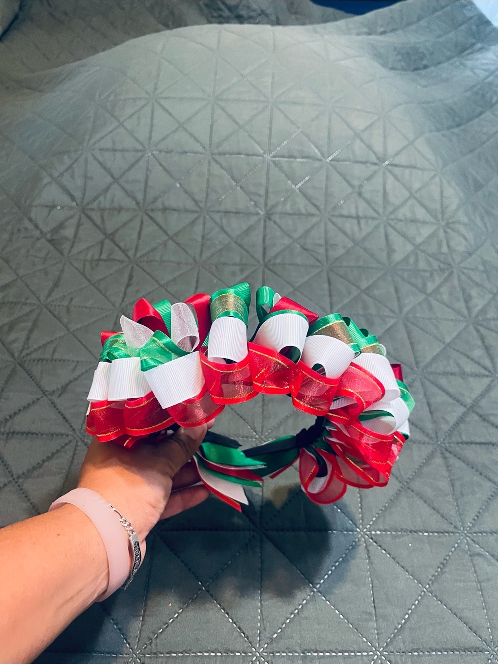 Holiday Ribbon Bow Headband for Kids in Red, Green & White